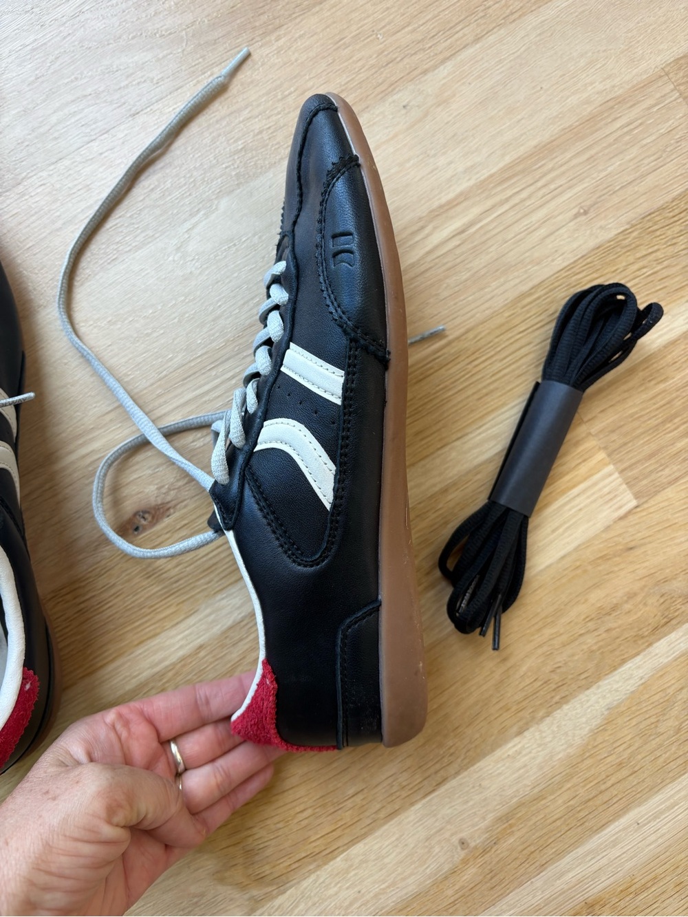 Women’s Coolway Black Sneakers with White Stripes and Red Heel Accent - Picture 2 of 4